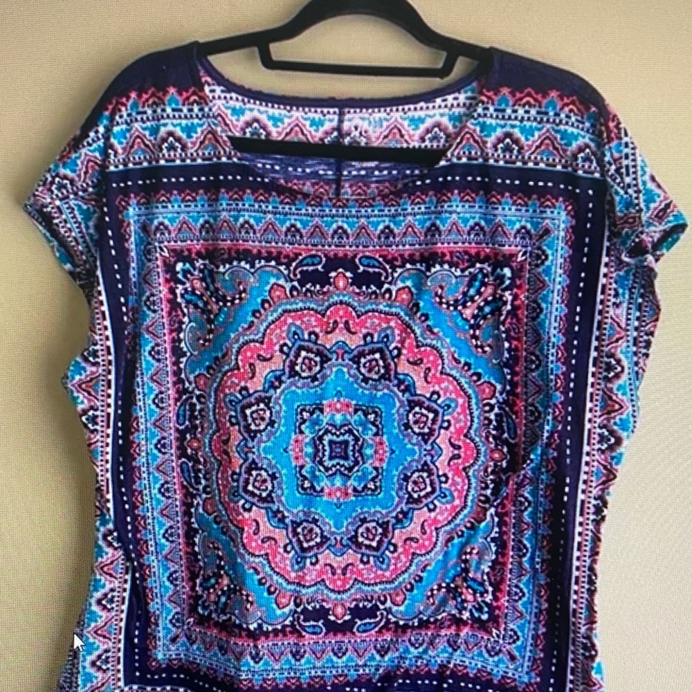 Westport Short Sleeve Medallion Print Top - Navy, Blue & Pink